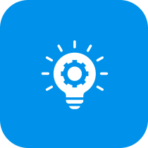 Lightbulb gear icon on blue background.